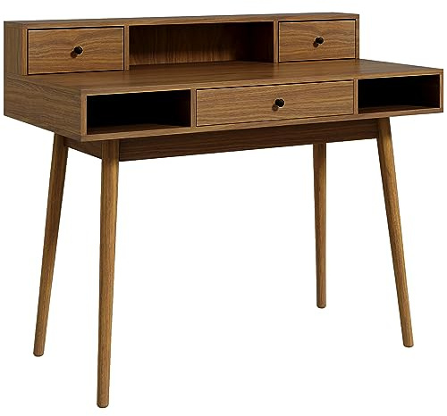 HOMCOM Tavolo per computer, tavolo da ufficio, con 3 cassetti, 3 nicchie, gambe in pino massiccio, design vintage, 110 x 54 x 91,5 cm, effetto noce