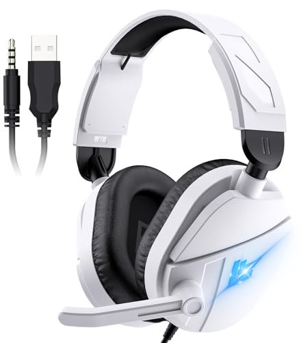 Gaming Headset Stereo Surround for PC, 2m Gaming Headphones Wired with Noise Canceling Mic, PS4 PS5 Headsets with Soft Memory Earmuffs, RGB Light, Over Ear Headphones for Xbox One Mac Laptop, White
