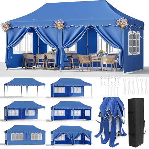 3 m x 6 m pop-up lusthus, vattentätt vikbart tält med 6 avtagbara sidoväggar, 6 sandsäckar och förvaringsväska, UPF50+ markis baldakin utomhuspaviljong, evenemangsskydd för trädgårdsfest