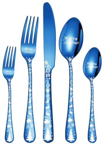 XIAOYU 5PCS Christmas Silverware Set, Food-Grade Stainless Steel Flatware Set with Unique Christmas Tree Pattern Handles, Knife Fork Spoon Set, Tableware Cutlery Set for Christmas, Halloween, Easter