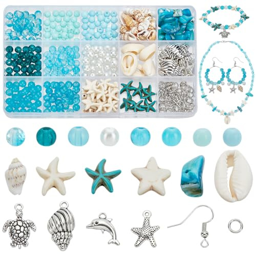 PH PandaHall 383pcs Blau Ozean Perlen Charms für Armband, 6mm Glasperlen Acryl Perlen Türkis Seestern Perlen Muscheln Marine Charms für Schmuckherstellung Armband Halskette Ohrring