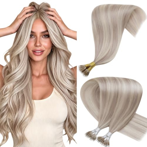 Hetto Nano Hair Extensions Real Human Hair Ash Blonde Highlights 20 Inch | 50 strands 50 g, Invisible Beaded Cold Fusionin, No Glue, Durable and Hair-Friendly, Easy to Install for All-Day Comfort