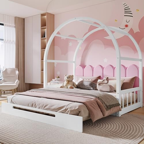 Moimhear Ausziehbares Gewölbebett, Schiebebett, Kinderbett, Tagesbett, Doppelbett, Samtkissen, weiß + rosa (140x100 cm & 140x200 cm) (Ohne Matratze)