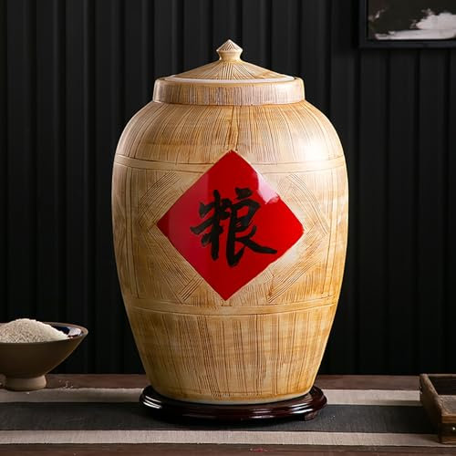 ZYZSY Large Ceramic Jar For Rice, Ceramic Rice Bucket With Lid, Large Rice Dispenser Sealed, Food Airtight Storage Jars for Flour, Rice, Nuts, Snacks(Wood color1,30 * 39cm/12 * 15in)
