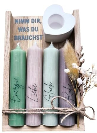 Nimm dir, was du brauchst - Geschenkset - Kerzen Stabkerzen Kerzenset - mit Kerzenständer Herz - Trockenblumenstrauß - in Holzbox Holzverpackung - Geschenk - Geburtstag - Mitbringsel