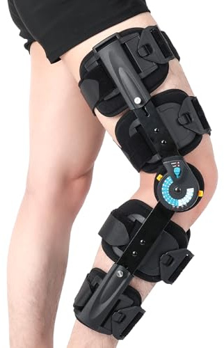 Hinged ROM Knee Brace with Side Stabilizers, Adjustable Post Op Knee Support Orthosis Immobilizer for ACL, PCL and MCL Injury, Medical Knee Orthopedic Support, Leg Stabilizer for Left or Right Leg, Men and Women (Blue)