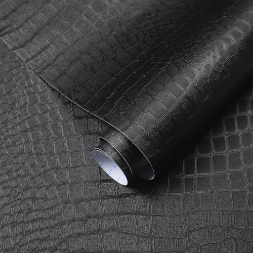 Yomshi Papier peint autocollant amovible en vinyle gaufré sans bulles pour armoire, salle de bain, chambre à coucher - 40 x 300 cm - Motif crocodile noir