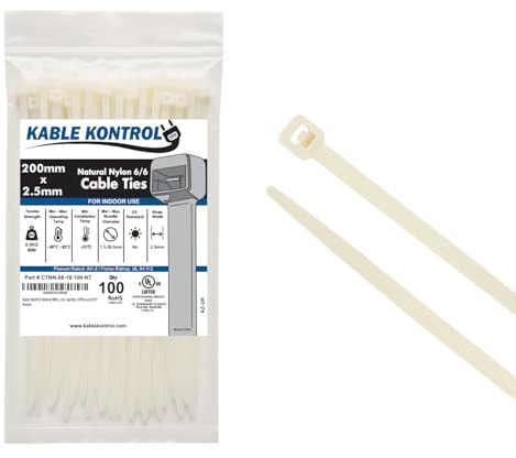 Kable Kontrol Natural White Cable Ties, 200 mm x 2.5 mm, Pack of 100, 8 Premium Nylon Zip Ties, Multi-Purpose Plastic Tie Wraps, Secure Self-Locking Mechanism, for Home, Garden, Office and DIY
