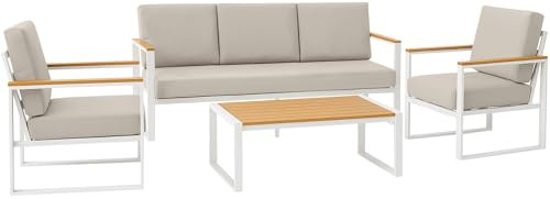 CLP Sitzgruppe Rodiesa für Garten wetterfest, Set mit Tisch Sesseln Sofa und Sitzkissen, Gartenlounge Set Aluminium, Outdoor, UV-beständig, Farbe:weiß