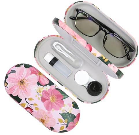 FlyingMage 2 in 1 Contact Lens Case and Eyeglasses Case for Women Men Kids, Double Sided Hard Shell Portable Glasses Travel Holder with Built-in Mirror, Contact Lens Box Storage Kit (Pink Flower)