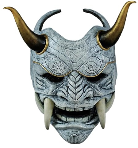 Masque Oni, masque de samurai plein visage effrayant avec et cornes de bœuf, 11x9, 5 Horreur Devil avec bande élastique pour Halloween, mascarade, accessoires cosplay, masques pour enfants
