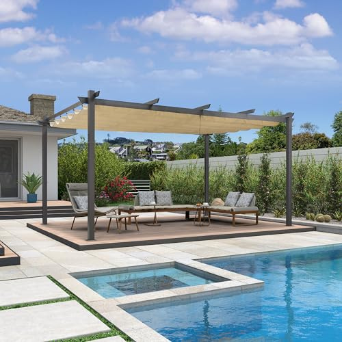 Pergola da giardino in alluminio con tettoia retrattile, ideale per patio, terrazza e uso commerciale, struttura gazebo da esterno beige chiaro