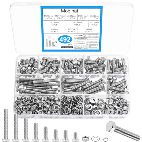 492 Pièces Vis Hexagonales en Acier Inoxydable M5, Set de Vis Métriques avec Écrous et Rondelles, Kit de Boulons M5 pour Machines, Assortiment de Visserie avec Rondelles Plates et Grower