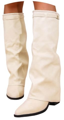 Generico Stivali da donna con polpaccio medio, alla moda in pizzo stivali al ginocchio con cinghie con fibbia, comodi stivaletti in pelle per abbigliamento casual invernale Scarpe nere da donne Tacco