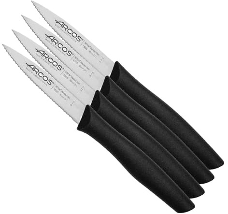 Arcos Serie Nova - Cuchillo Mondador - Hoja Serrada de Acero Inoxidable de 85 mm - Mango de Polipropileno Color negro (Paquete de 4)