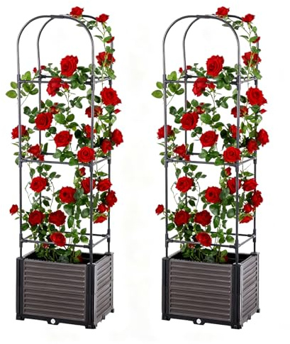 Thaookte 2 paquetes de camas elevadas de 150 cm para macetas de jardín con enrejado, macetas de tomate de riego automático con enrejado para plantas trepadoras, macetas de tomate, flores, macetas de