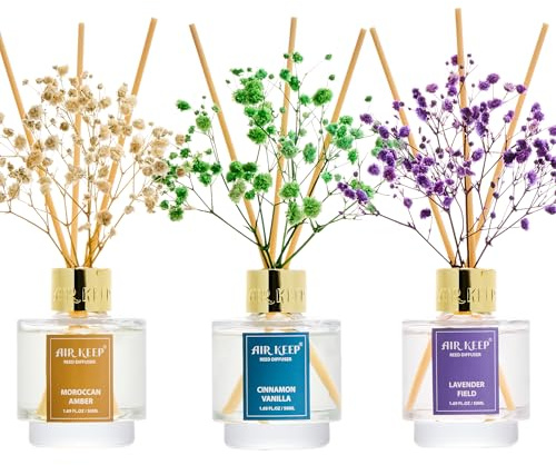 Airkeep Raumduft 50ml x3, Reed Diffuser mit Cinnamon Vanilla, Lavender Field, Moroccan Amber, Raum Duft mit 24 Duftstäbchen, Lufterfrischer für Badezimmer, Wohnung, Heimdekoration