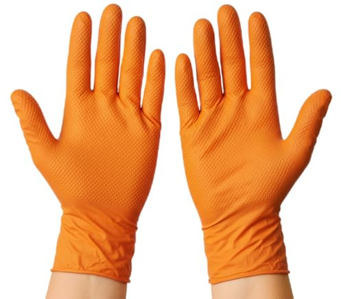 TYGA Nitrile Gloves, Heavy Duty Diamond Grip, Large, Orange, Pack of 100 | Heavy-duty, latex-free nitrile gloves with a diamond-textured grip for cleaning, automotive, DIY, catering and general use