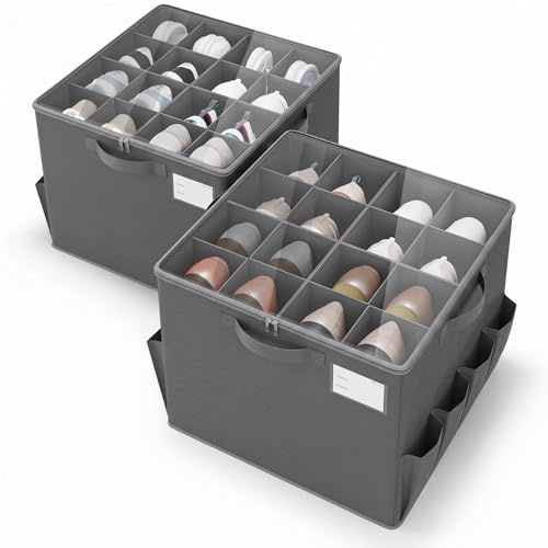 Varhomax Schuhorganizer-Box 2er-Set für Schrank | Stoff-Aufbewahrungsbox mit verstellbaren Trennwänden & transparenter Abdeckung | Platzsparend für 16-32 Paar Sneaker & Sandalen für Eingangsbereich