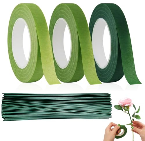 HuiLanYouSheng 3 Rollen Floristenband und 100 Stück grüner Blumendraht
