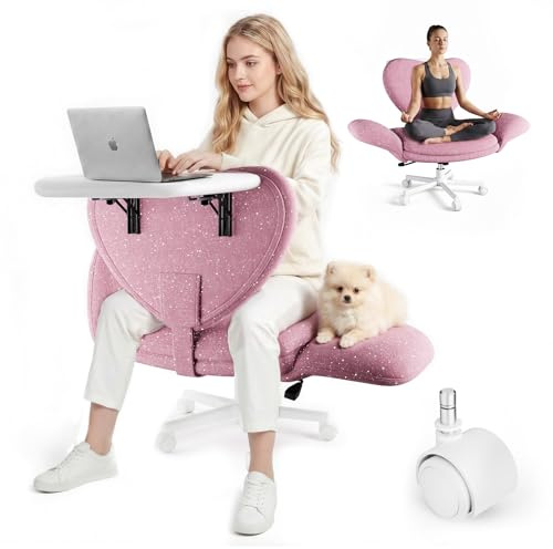 HOMRELEXA Bürostuhl mit Klappbarer Tischplatte & Verstellbaren Armlehnen | Ergonomisch Breiter Schreibtischstuhl, Höhenverstellbarer Schneidersitz Stuhl aus Glitzerstoff zum Home Office, Rosa