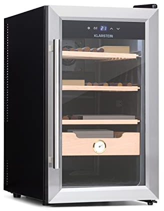 Klarstein El Presidente Zigarren Humidor - thermoelektrischer Humidor Schrank mit Glastür, Befeuchter mit Einschüben aus Zedernholz, Hygrometer, LED-Innenbeleuchtung, 48 Liter, silber