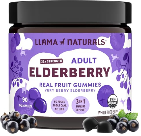 Llama Naturals Elderberry Gummies for Adults, Vegan, Organic Immune Support Supplement with Vitamin C and Zinc, Real Fruit Gummy Vitamins for Immunity, Chewable, No Added Sugar Cane, 90 Ct