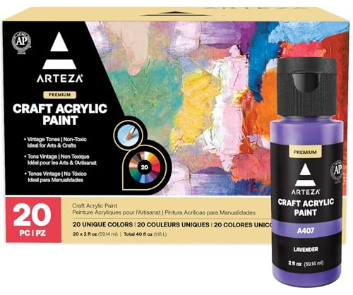 ARTEZA Craft Acrylic Paint Set, Set of 20 Vintage Tones Acrylic Craft Paint, Artist Paints Art Supplies for Glass, Wood, Ceramics, Fabrics, Leather