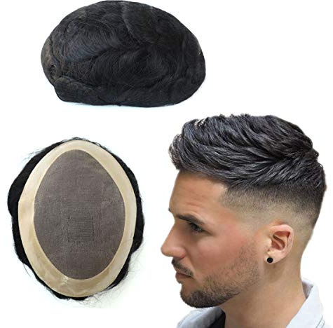 HAIR NATURE Mens Hair Replacement Systems Toupee for Men Poly Coating Human Hair Fine Mono Off Black Hairpieces #1B 6x8