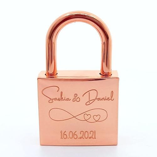 Liebesschloss24.de Vorhängeschloss Roségold mit persönlicher Diamant-Gravur 1 Schlüssel Romantisches Geschenk, 67 x 38 x 12 mm