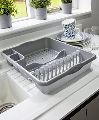 TENLITE Large dish drainer Plate Cutlery Tray Rack Plastic Kitchen Sink Holder Stand, (46.5 x38.0 x9.0 cm) Dish Drying Rack with Two Compartments - Silver