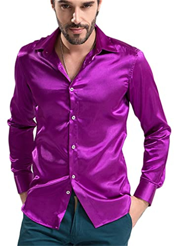 Générique JIER Chemises en Satin Brillant pour Hommes à Manches Longues Décontracté Chemises Boutonnées Années 70 Costume Disco Ajustement Chemise en Satin Semblable à La Soie Fête d'affaires