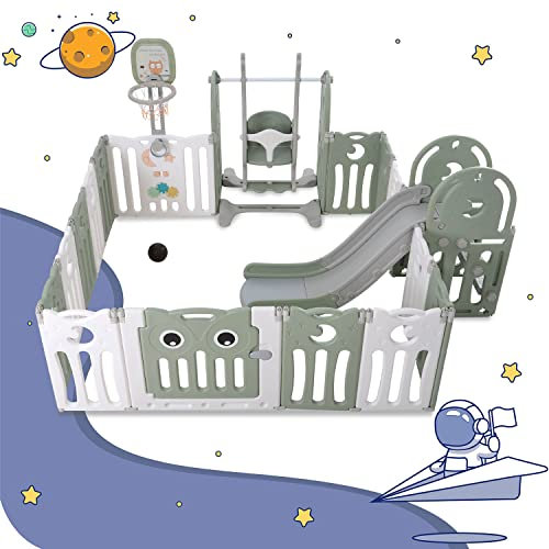 HUMNZR Grille De Protection pour Parc Pliable à 16 Panneaux,avec Balançoire,Toboggan Et Panier De Basket-Ball pour Enfants,Convient aux Enfants de 2 à 8 Ans,Green