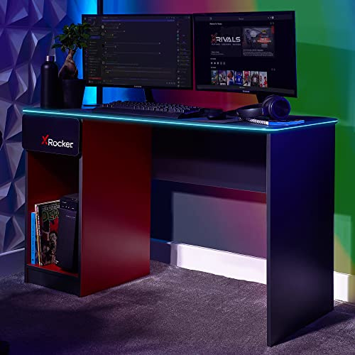 X-ROCKER - Gaming-Schreibtisch Carbon-Tek mit kabellosem Ladegerät und LED-Beleuchtung grau/rot