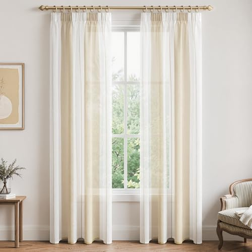 MRTREES Rideau pour Rail Rideau en Voile à Rayures Semi-Transparent, 140X260cm,Lot de 2, Rideau Voilage Beige Dressing avec Rideau