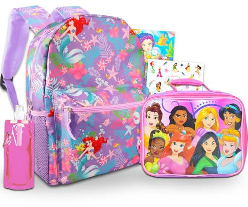 Disney The Little Mermaid Backpack and Lunch Bag - Bundle with 15” Ariel Backpack, Lunch Box, Water Bottle, Stickers, Tattoos | Little Mermaid Backpack for Kids