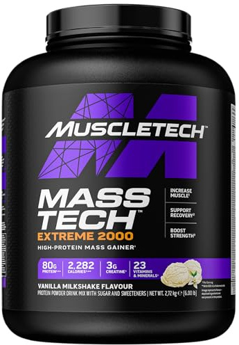 MuscleTech Extreme 2000 Mass-Gainer Proteinpulver, Muscle-Builder Molkenproteinpulver, Protein + Kreatin + Kohlenhydrate, Max-Protein Gewichtszunahme für Frauen und Männer, Vanille-Milchshake, 6lbs
