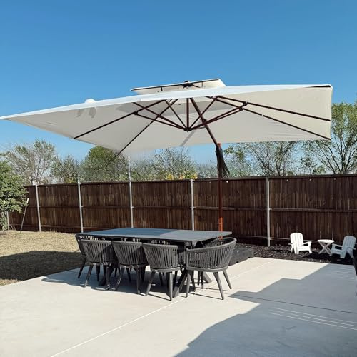PURPLE LEAF Parasol Déporté 3 x 4 m Rectangulaire Toit Double Luxe, Crème | Mât en aluminium à fini bois teck: élégance haut de gamme, Mât renforcé Ø10,2 cm, Parasol de jardin extérieur, Hôtel
