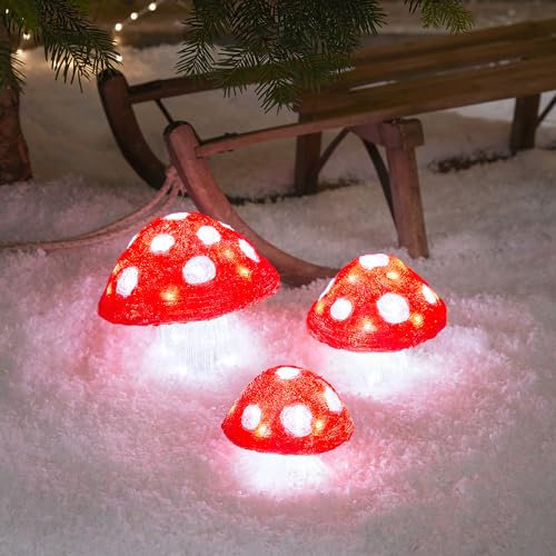 Lights4fun 3er Set LED Acryl Pilze innen und außen Weihnachtsfigur Weihnachtsdeko Weiß Weihnachtsbeleuchtung Außen