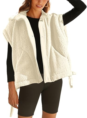 OPCAKM Women's Fuzzy Fleece Vest Oversized Sleeveless Sherpa Jacket Warm Button Down Gilet Outerwear with Pockets(Apricot-M)