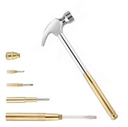 LANDIBO 6-in-1 Multi-Tool Camping Hammer Set with Slotted/Flat Head Phillips Screwdriver for Mechanical Maintenance, Interior Decoration, Outdoor Adventures, Best Gift (Silvery-yellow)