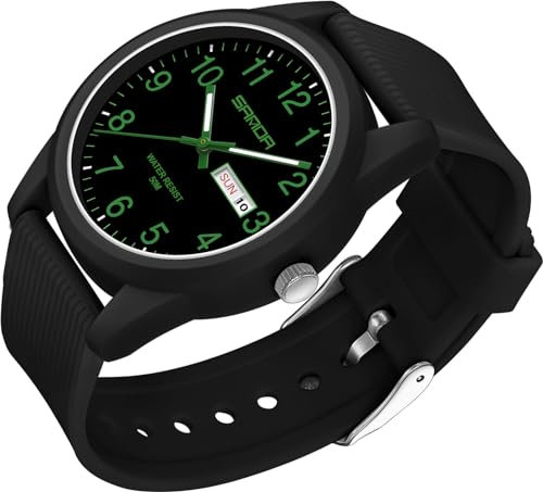 Orologio da polso da uomo, al quarzo, analogico, sportivo, da uomo, donna, 50 m, impermeabile, cinturino in silicone, casual, per ragazzi con data, giorno della settimana, lancette luminose, numeri