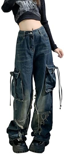Kisswow Y2k Damen-Jeans, Stern-Jeans, hohe Taille, Cargohose, Sternenhose, niedliche Jeans für Damen, Pentagramm 19 Blau, Groß