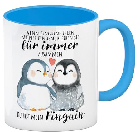 speecheese Pinguin Kaffeebecher in hellblau mit Spruch Du bist mein ewiger Pinguin Liebevolles Paar-Geschenk Zuneigung Herz Kuscheln Valentinstag-Liebesbote