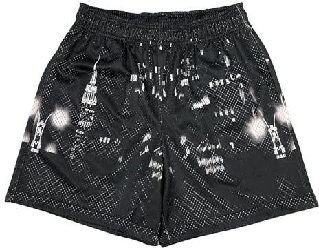 DIOTSR Herren-Freizeit-Shorts, Streetwear, Basketball-Shorts mit Taschen, Kordelzug, Skyline-Schwarz, X-Klein