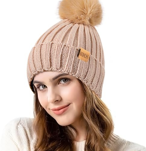 REDESS Damen Winter gestrickt Beanie Mütze Warm Fleece gefüttert mit Bommel Mütze Dick Slouchy Schnee Stricken Skull Ski Cap