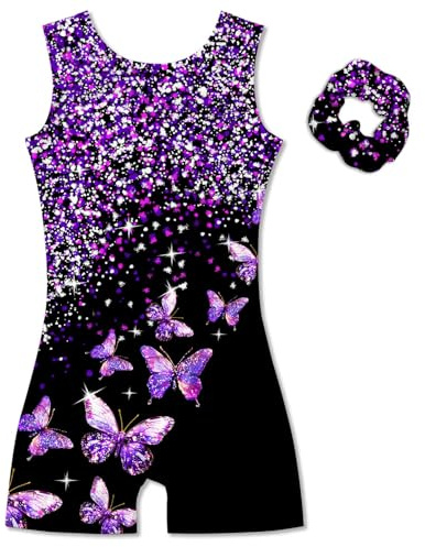 Vogseek 6-7 Years Girls Gymnastics Leotards with Hair Scrunchie Sparkle Dance Unitards Purple Butterfly's Glitter Active Biketards with Shorts for Kid Cute Tumbling Dance Outfit, Black