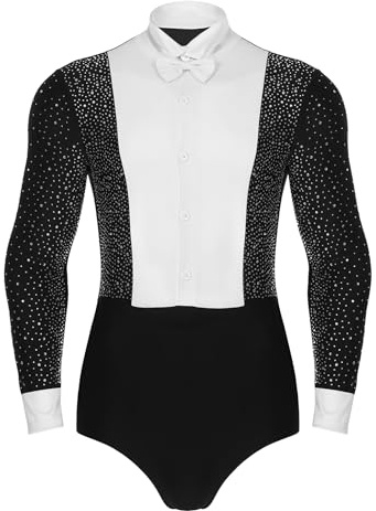 Runhomal Herren Tanz-Body Bodysuit Gymnastikbody Ballsaal Samba Latein Body mit Fliege Langarm Performance Tanzkostüm Schwarz M