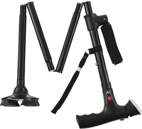 Bastone da passeggio pieghevole da donna, con luce LED e allarme SOS, altezza regolabile 87-94 cm, doppio manico, bastone da passeggio leggero e pieghevole, per uomini e donne