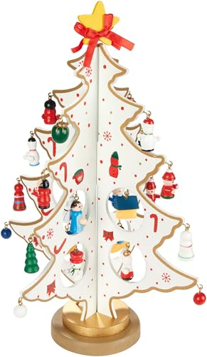 BRUBAKER Mini Weihnachtsbaum aus Holz - Tannenbaum zum Schmücken und Dekorieren - Christbaum Tischdeko Klein für Weihnachten inkl. Baumschmuck - Weihnachtsdeko für Tisch und Fensterbank - Weiß